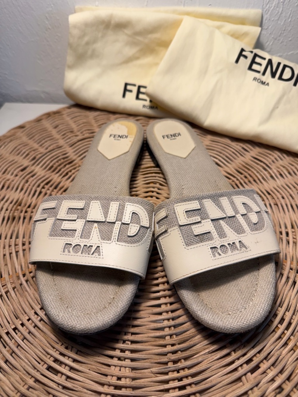 Fendi Grey and Ivory Logo Slide flat Sandals